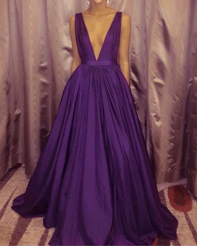 A-line Sexy Deep V Neck Long Prom Dresses